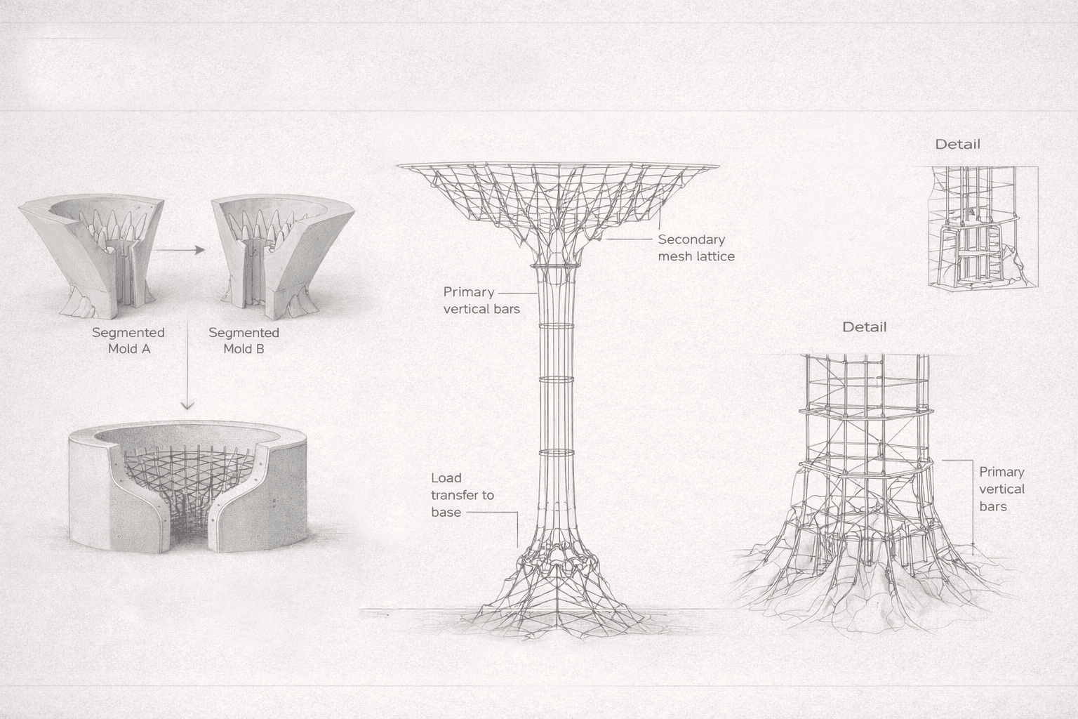 Working drawing of the segmented 3D-printed sand moulds, the steel reinforcement cage set inside them, and the load transfer detail at the column base.