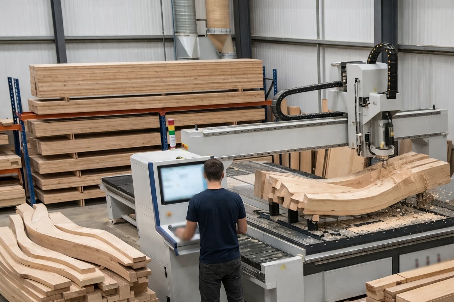 A 3-axis CNC router milling a curved timber member, with stacked billets and finished curved members alongside.